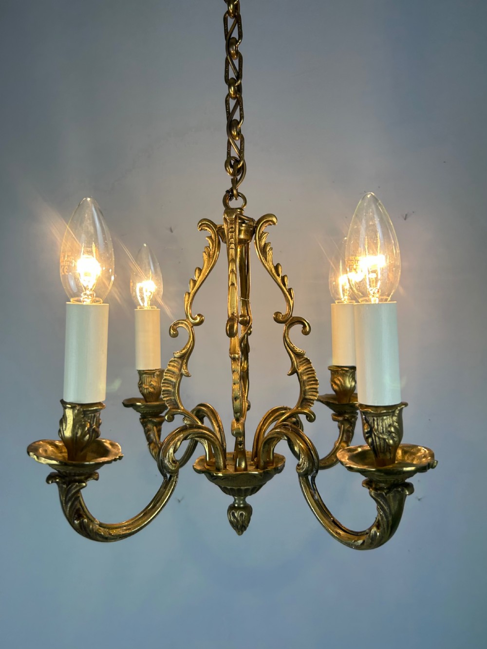 Small French Gilt Brass 4 Light Chandelier, Ceiling Light View V