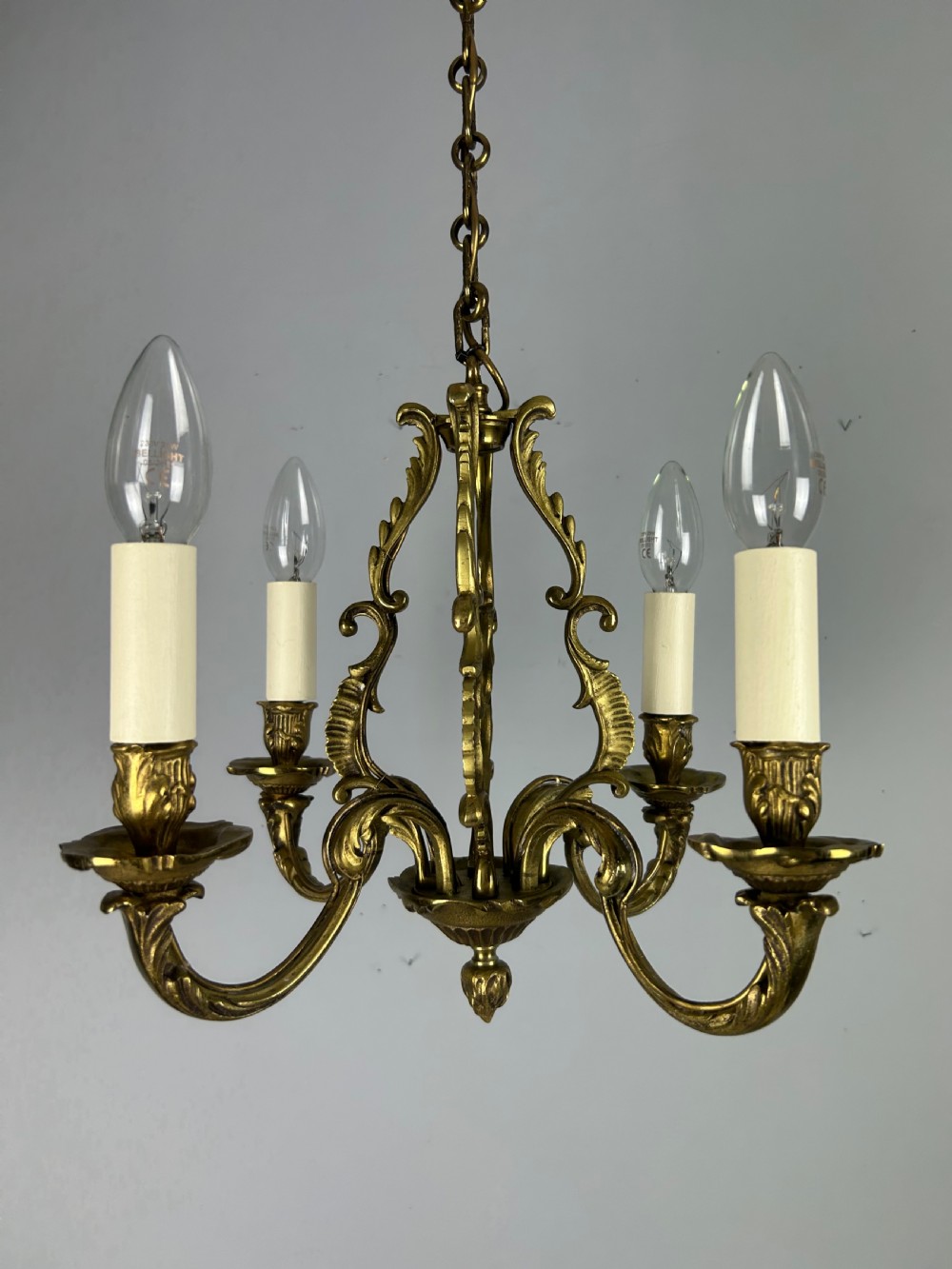 Small French Gilt Brass 4 Light Chandelier, Ceiling Light View VI