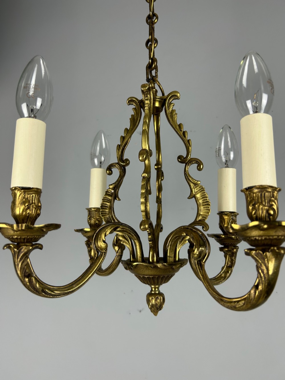 Small French Gilt Brass 4 Light Chandelier, Ceiling Light View VII