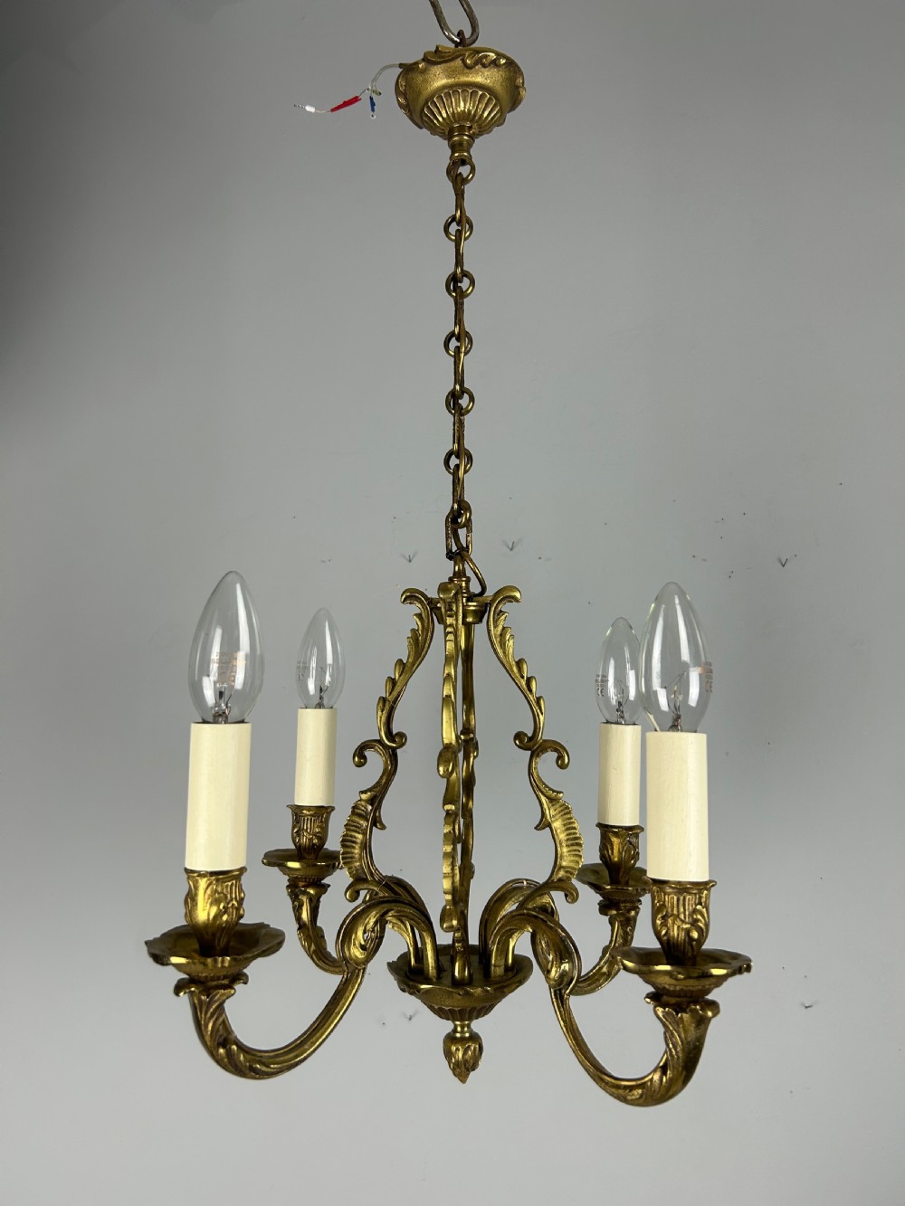 Small French Gilt Brass 4 Light Chandelier, Ceiling Light View VIII