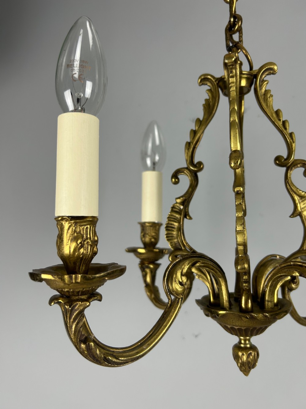 Small French Gilt Brass 4 Light Chandelier, Ceiling Light View X