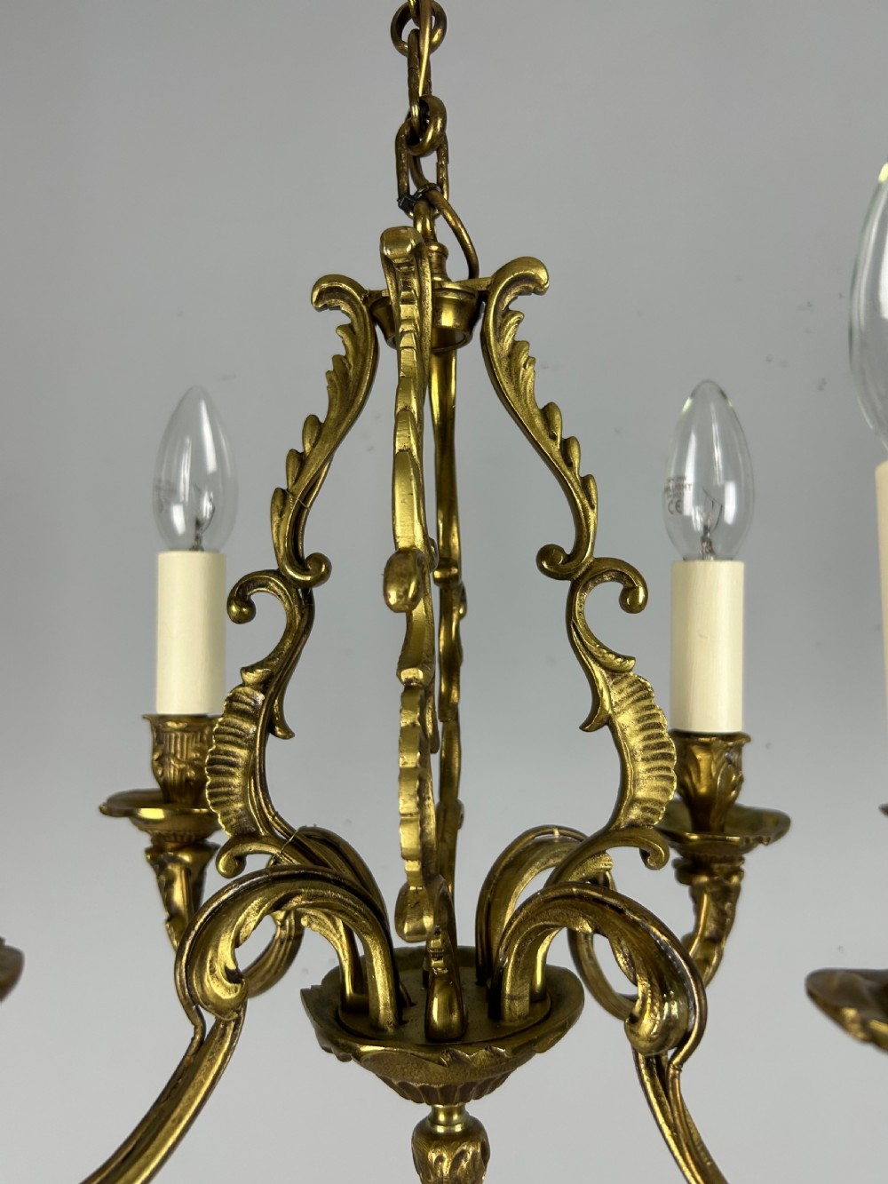Small French Gilt Brass 4 Light Chandelier, Ceiling Light View XI