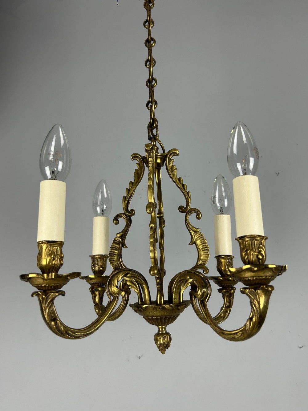 Small French Gilt Brass 4 Light Chandelier, Ceiling Light View XII