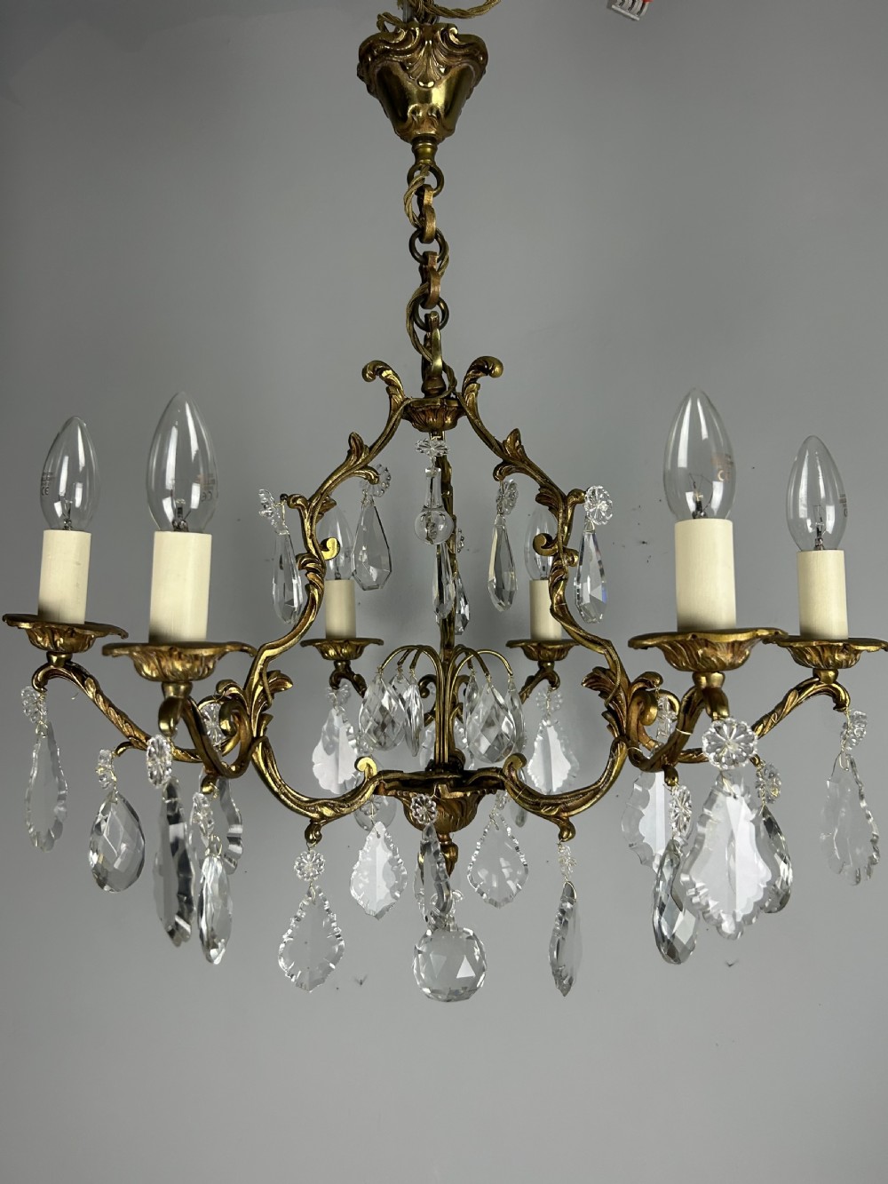French Gilded & Crystal 6 Light Chandelier