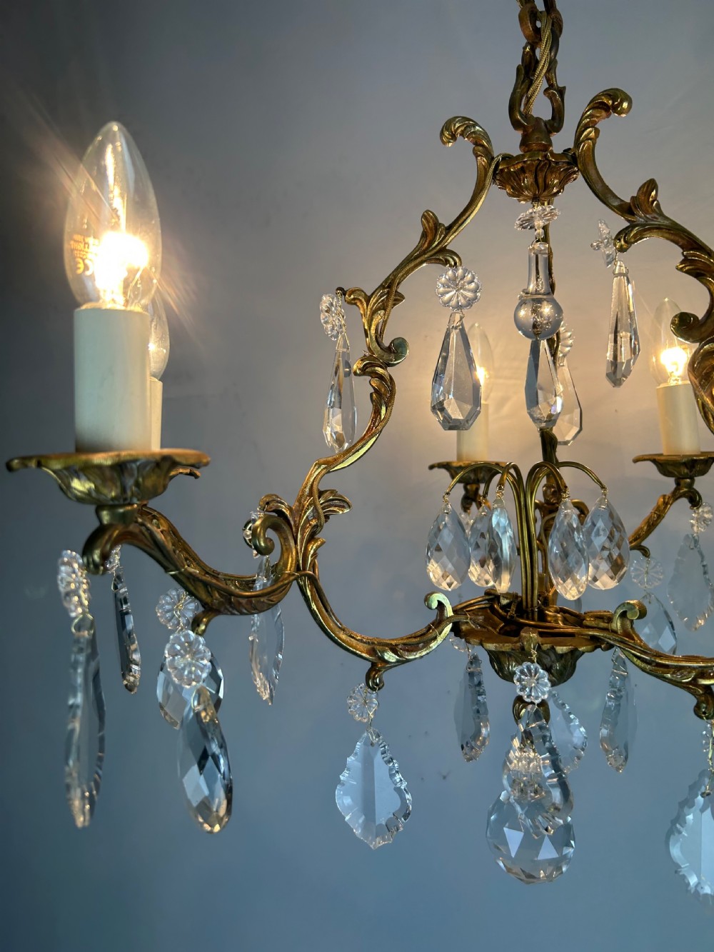 French Gilded & Crystal 6 Light Chandelier View IV