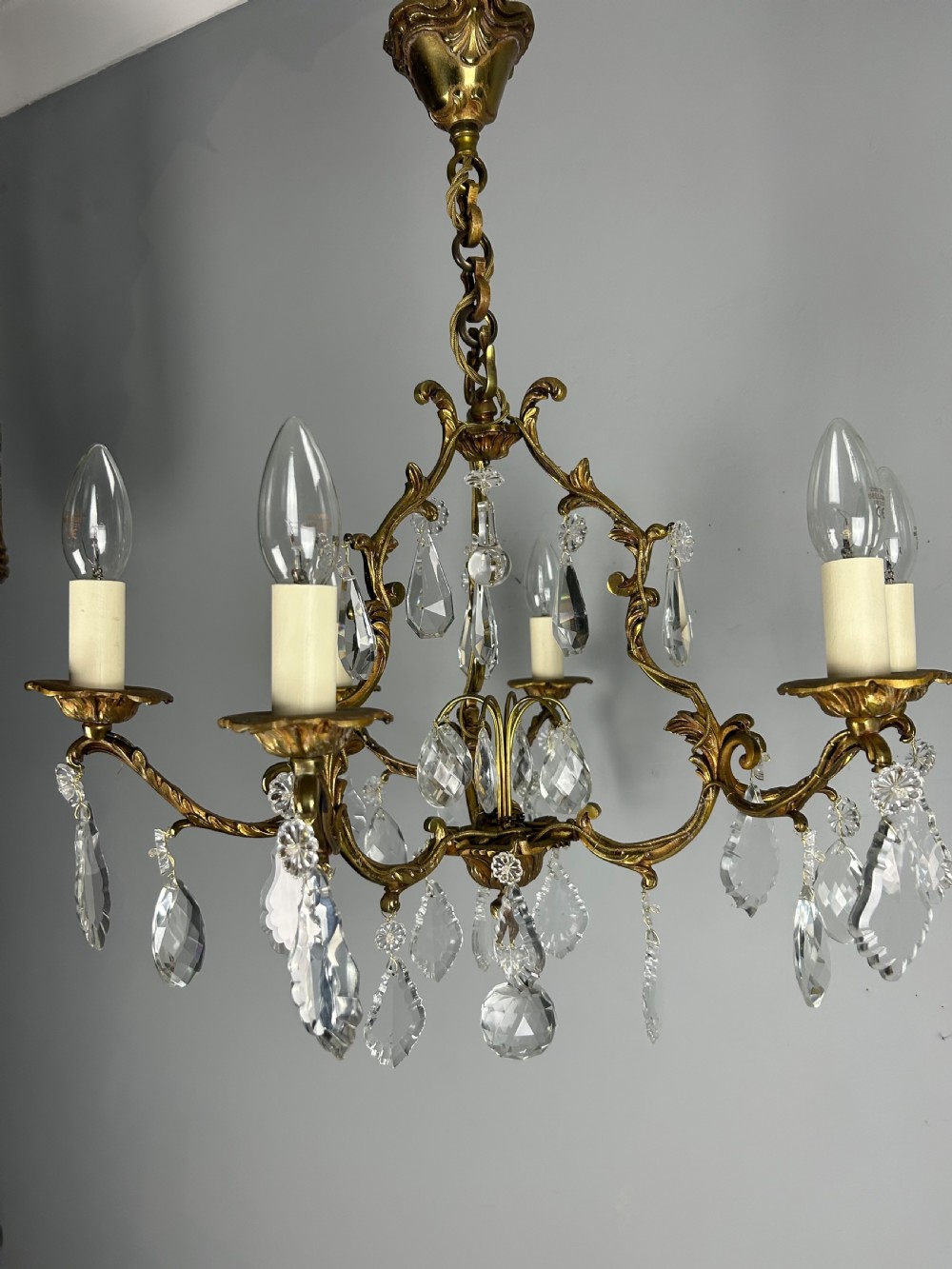French Gilded & Crystal 6 Light Chandelier View XIII