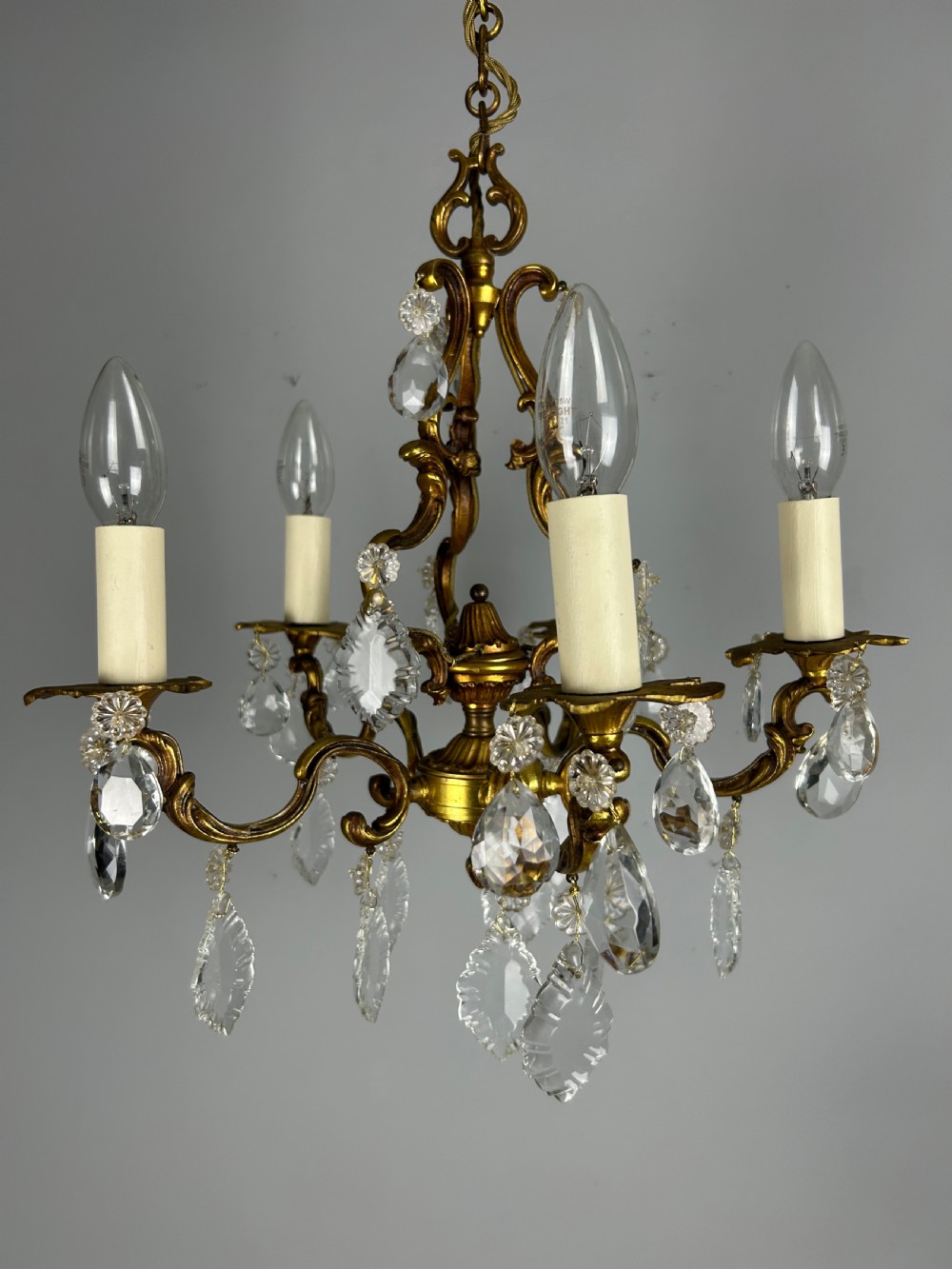 French Brass & Crystal 5 Light Chandelier