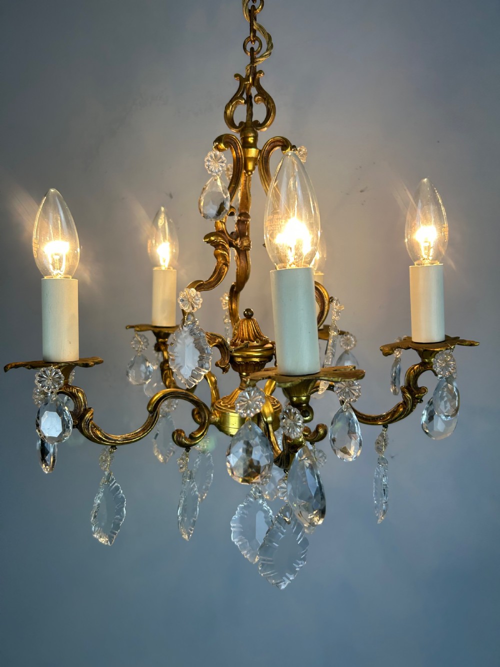 French Brass & Crystal 5 Light Chandelier View II