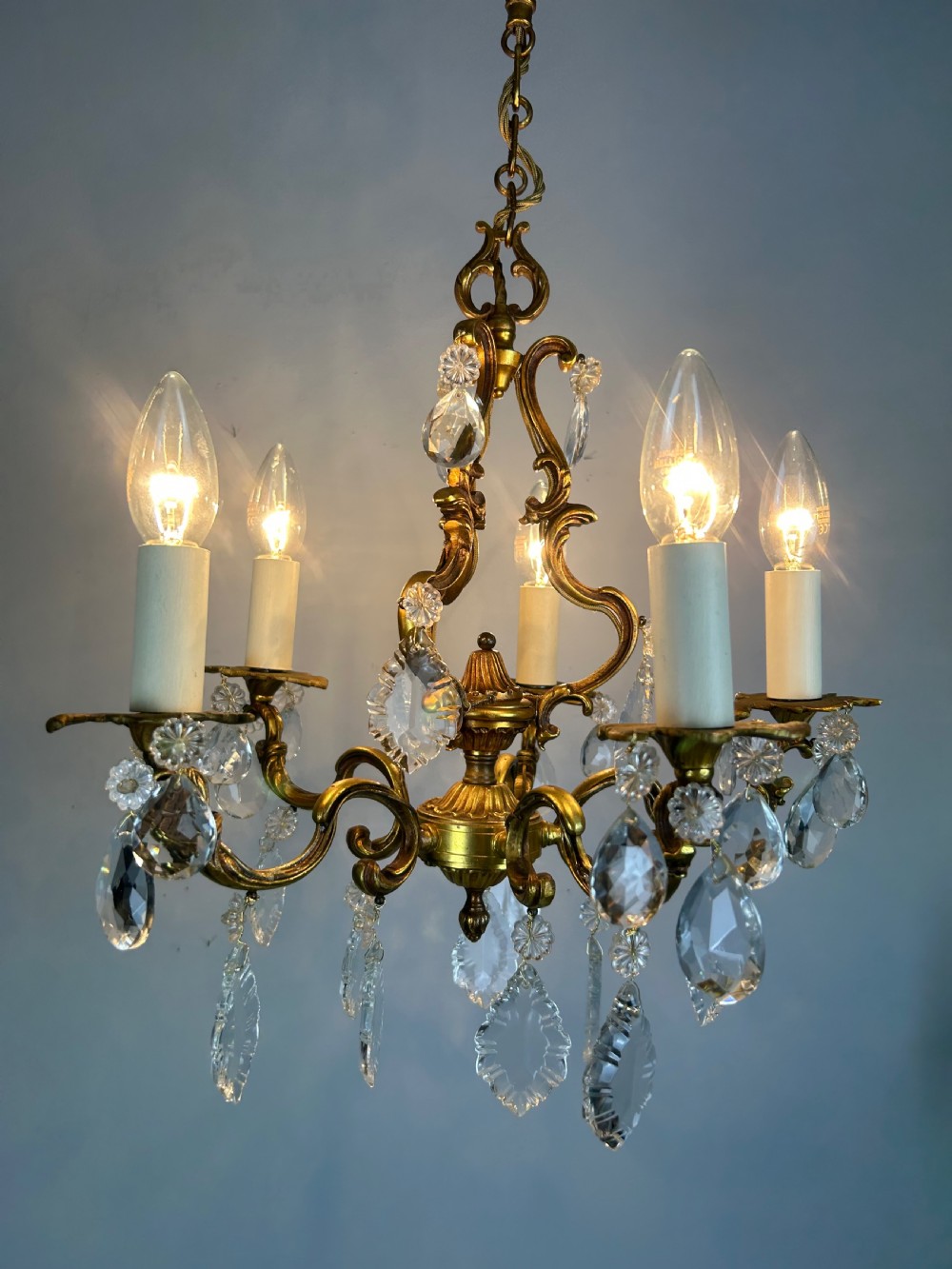 French Brass & Crystal 5 Light Chandelier View III