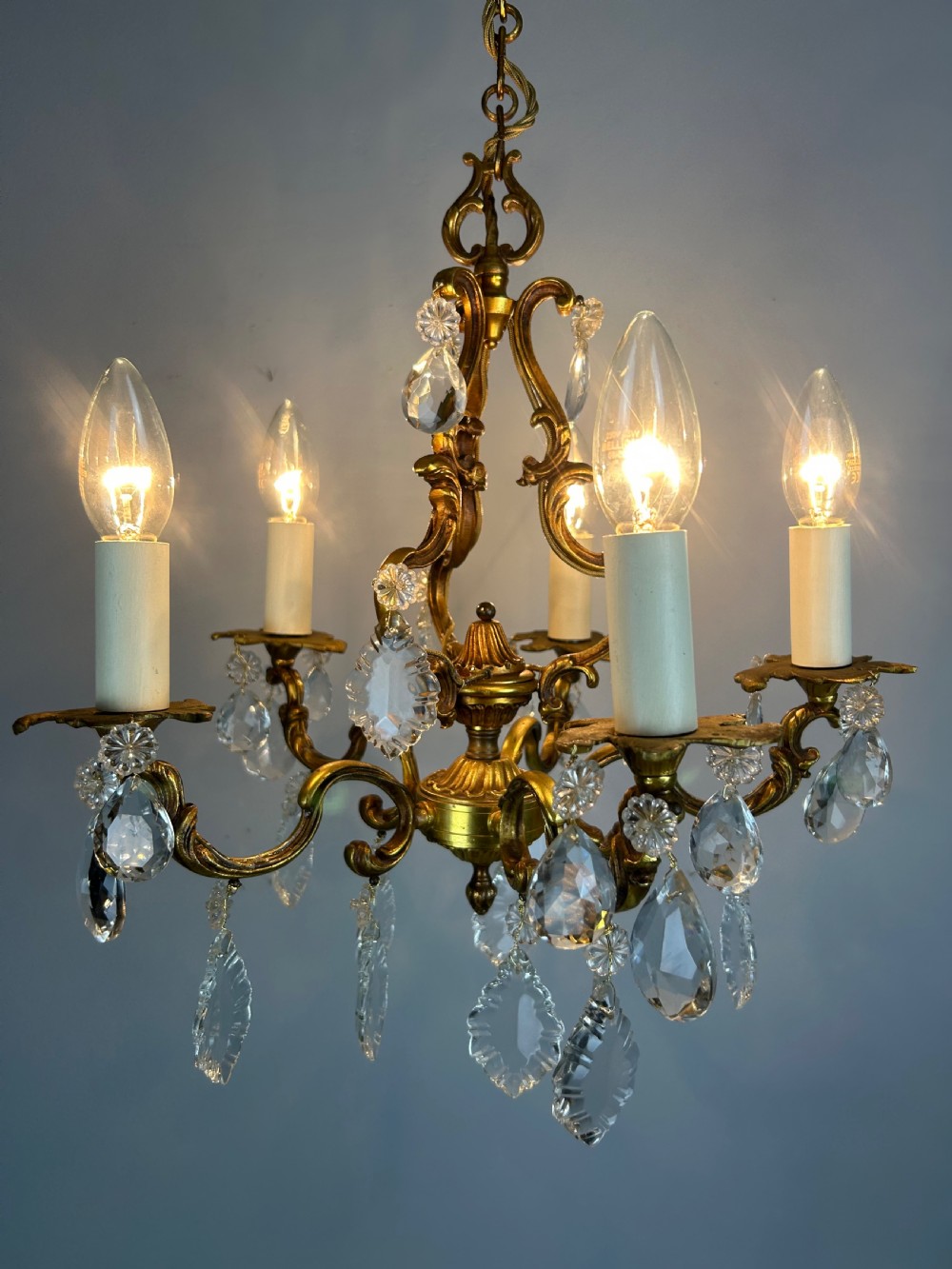 French Brass & Crystal 5 Light Chandelier View IV