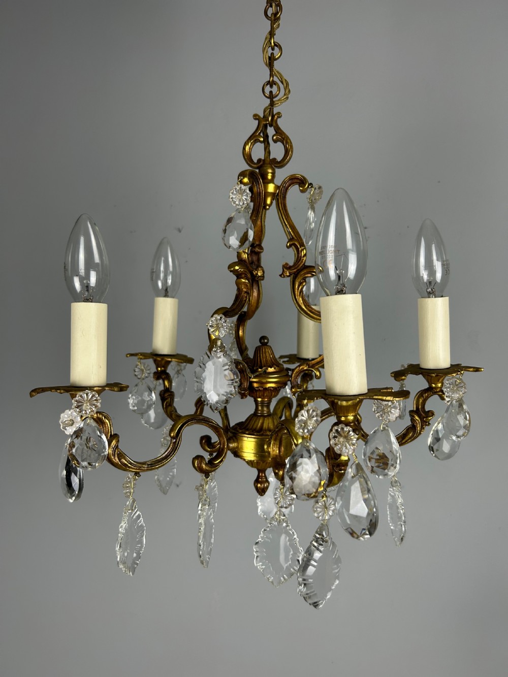 French Brass & Crystal 5 Light Chandelier View IX