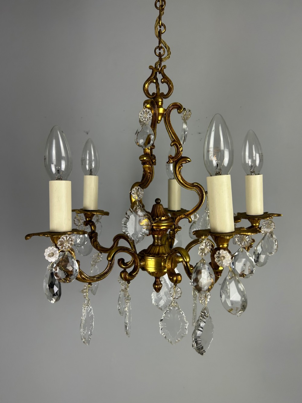 French Brass & Crystal 5 Light Chandelier View X