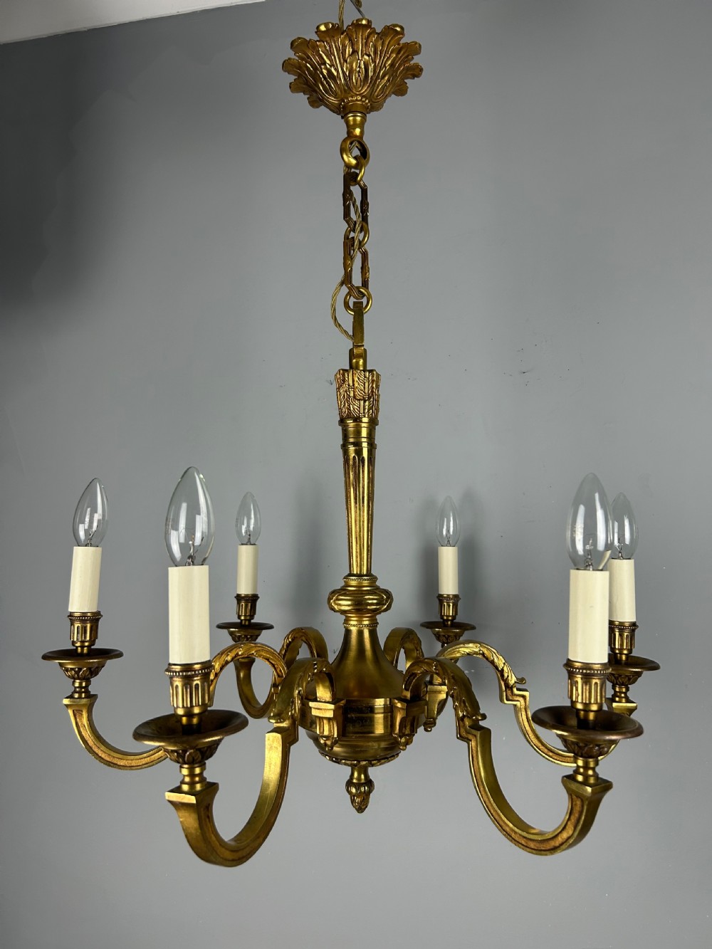 French Gilded Bronze 6 Light Antique Empire Chandelier