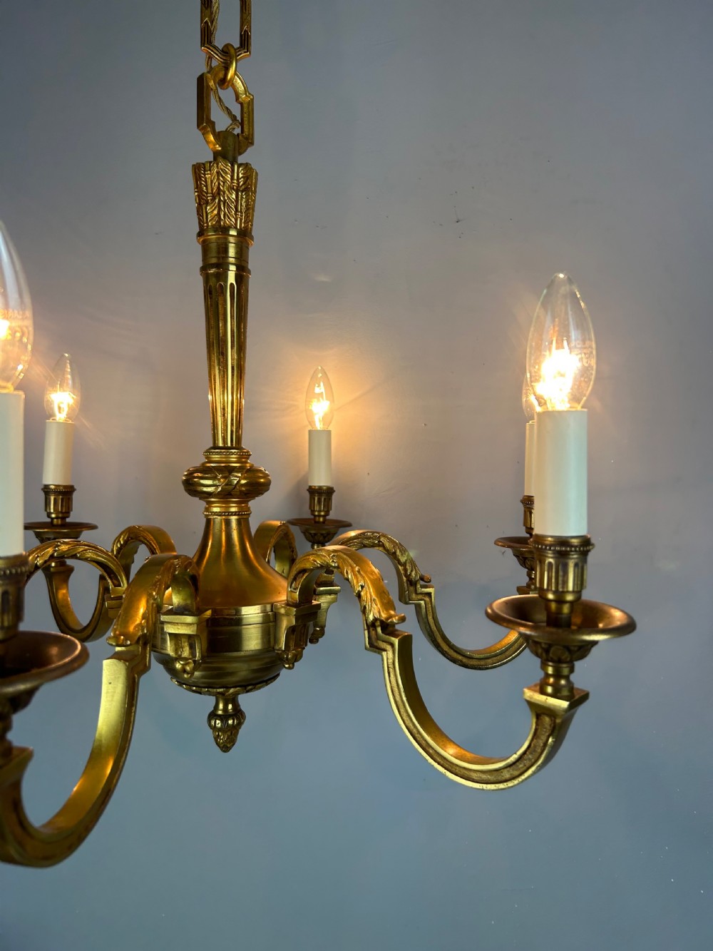 French Gilded Bronze 6 Light Antique Empire Chandelier View IV