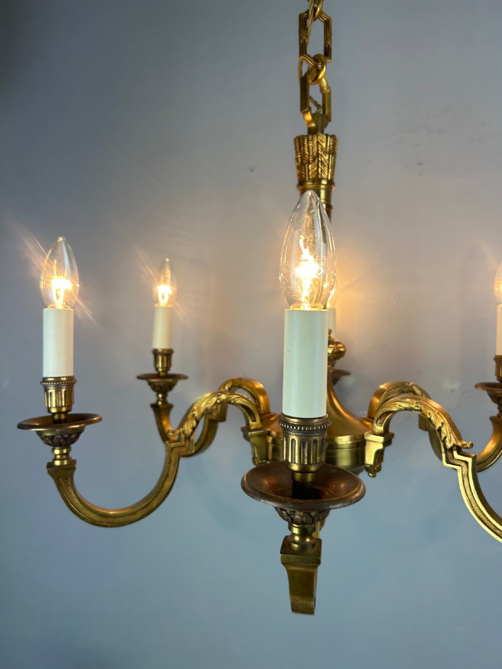 French Gilded Bronze 6 Light Antique Empire Chandelier View V