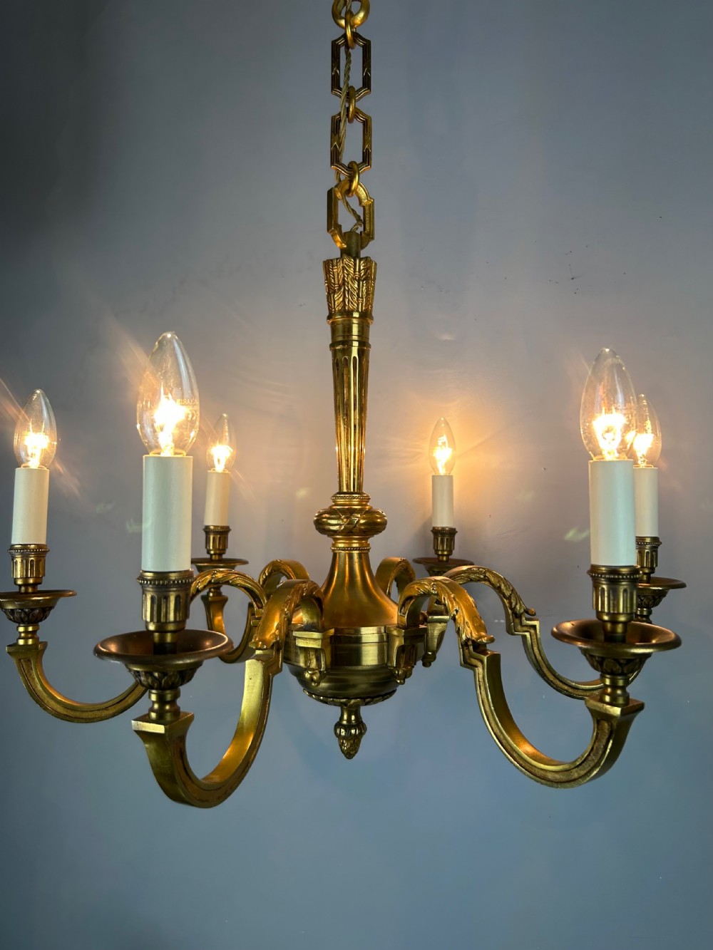 French Gilded Bronze 6 Light Antique Empire Chandelier View VI