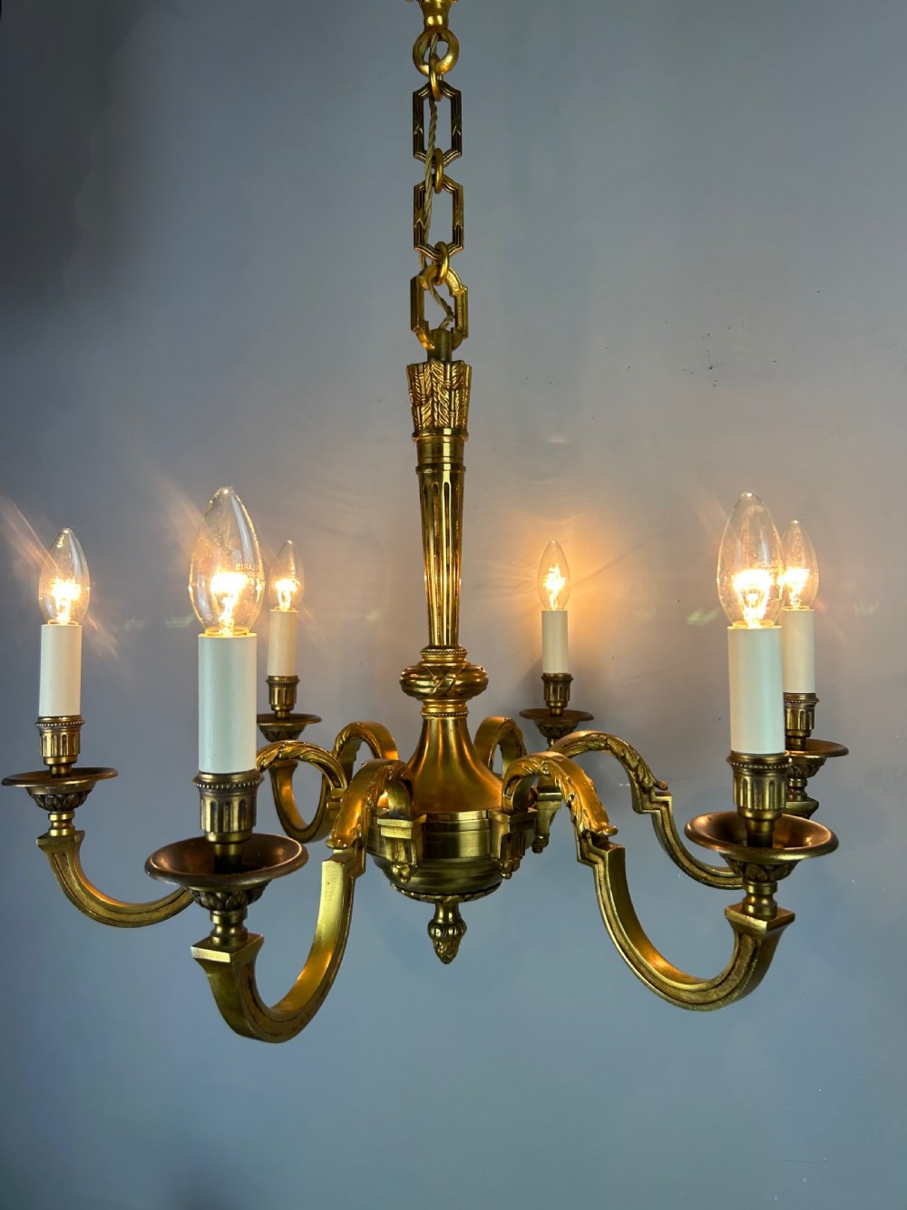 French Gilded Bronze 6 Light Antique Empire Chandelier View VII