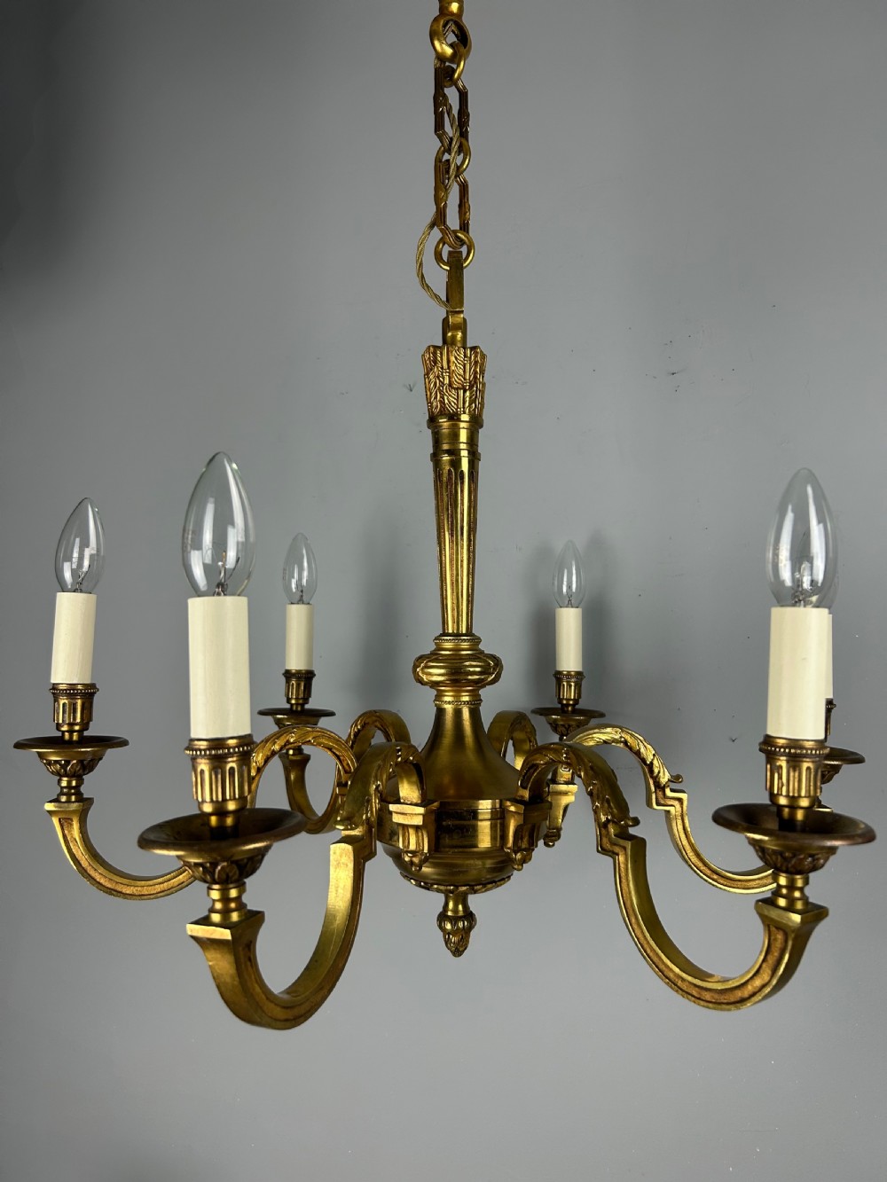French Gilded Bronze 6 Light Antique Empire Chandelier View XIII