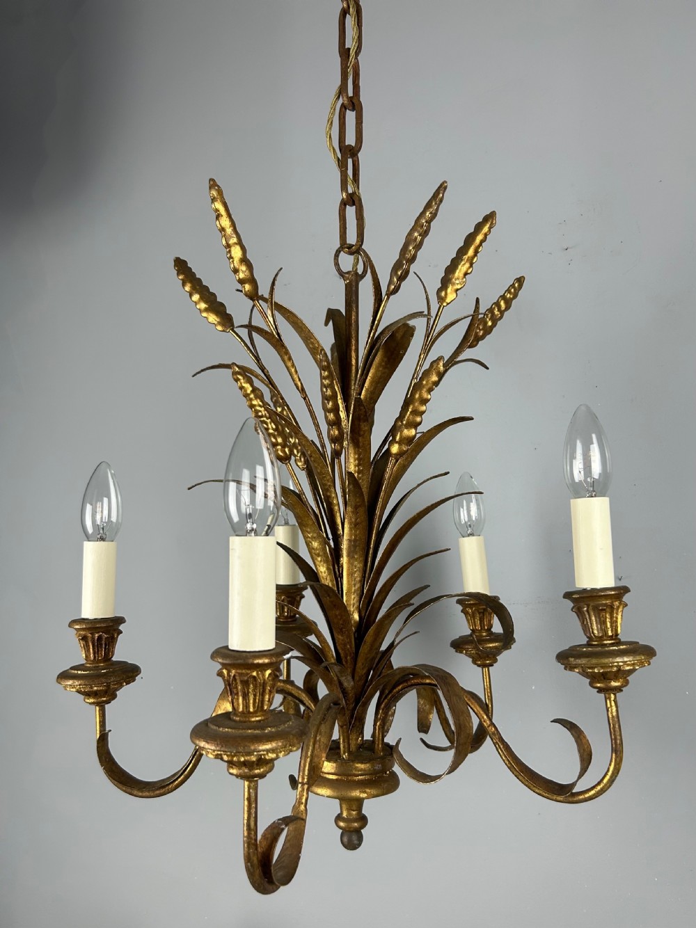 French 5 Light Wheat Sheaf Gilt Branch Chandelier , Ceiling Light, Rewired