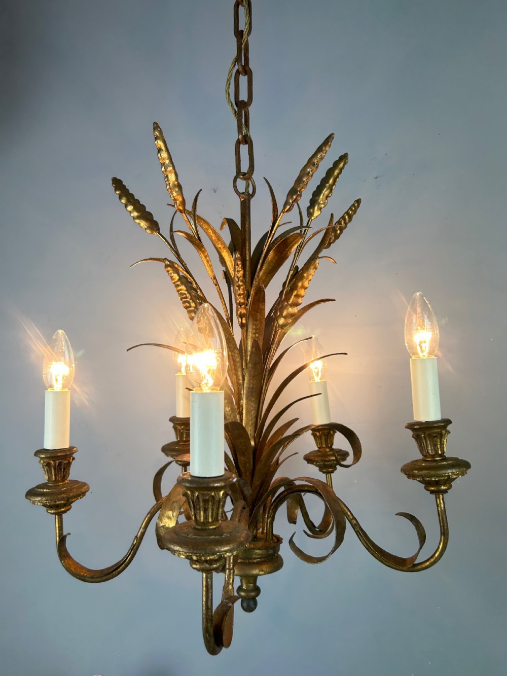 French 5 Light Wheat Sheaf Gilt Branch Chandelier , Ceiling Light, Rewired View II