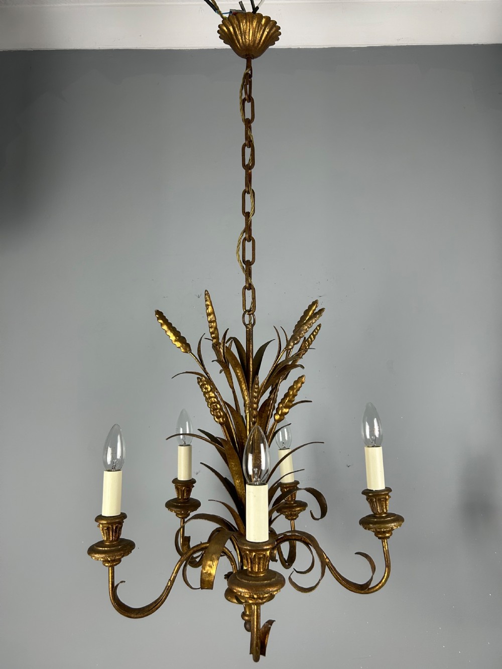 French 5 Light Wheat Sheaf Gilt Branch Chandelier , Ceiling Light, Rewired View III