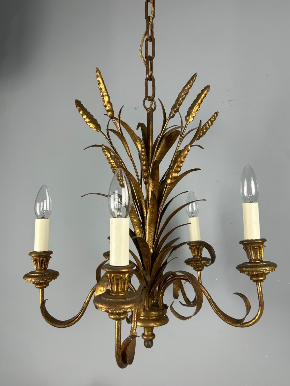French 5 Light Wheat Sheaf Gilt Branch Chandelier , Ceiling Light, Rewired View V