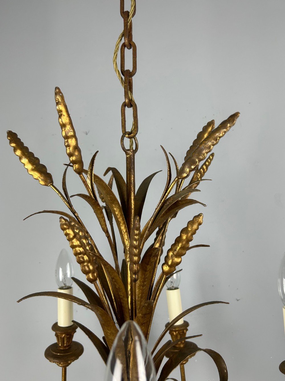 French 5 Light Wheat Sheaf Gilt Branch Chandelier , Ceiling Light, Rewired View VI