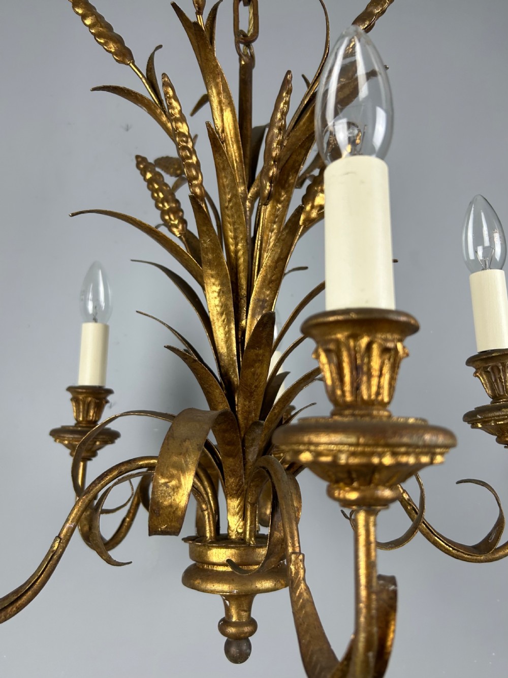 French 5 Light Wheat Sheaf Gilt Branch Chandelier , Ceiling Light, Rewired View VII