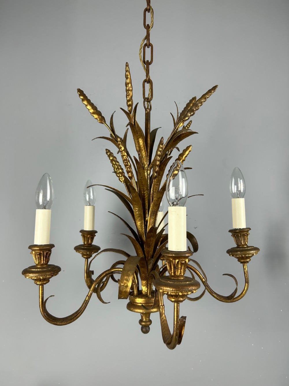 French 5 Light Wheat Sheaf Gilt Branch Chandelier , Ceiling Light, Rewired View VIII