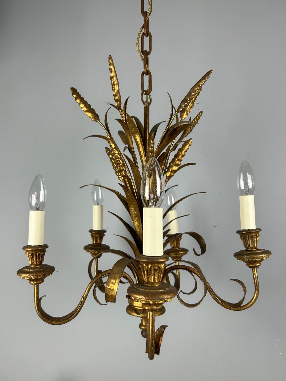 French 5 Light Wheat Sheaf Gilt Branch Chandelier , Ceiling Light, Rewired View IX