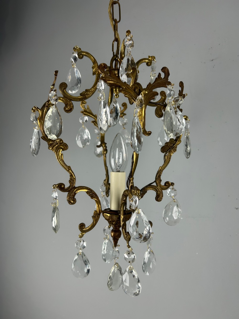French Single Light Gilt Brass Crystal Antique Chandelier, Ceiling Light
