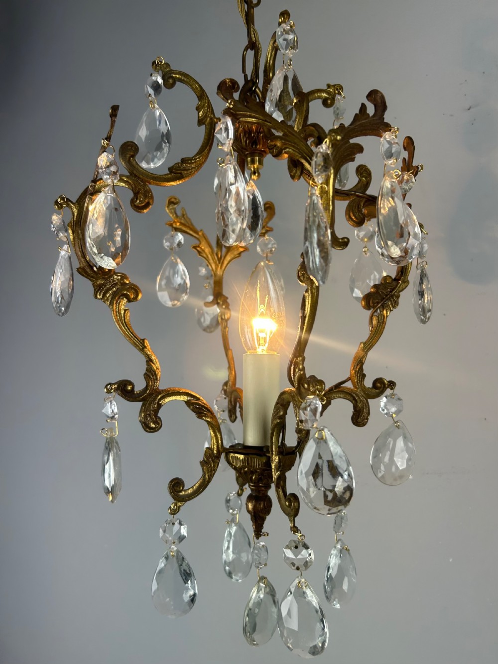 French Single Light Gilt Brass Crystal Antique Chandelier, Ceiling Light View II
