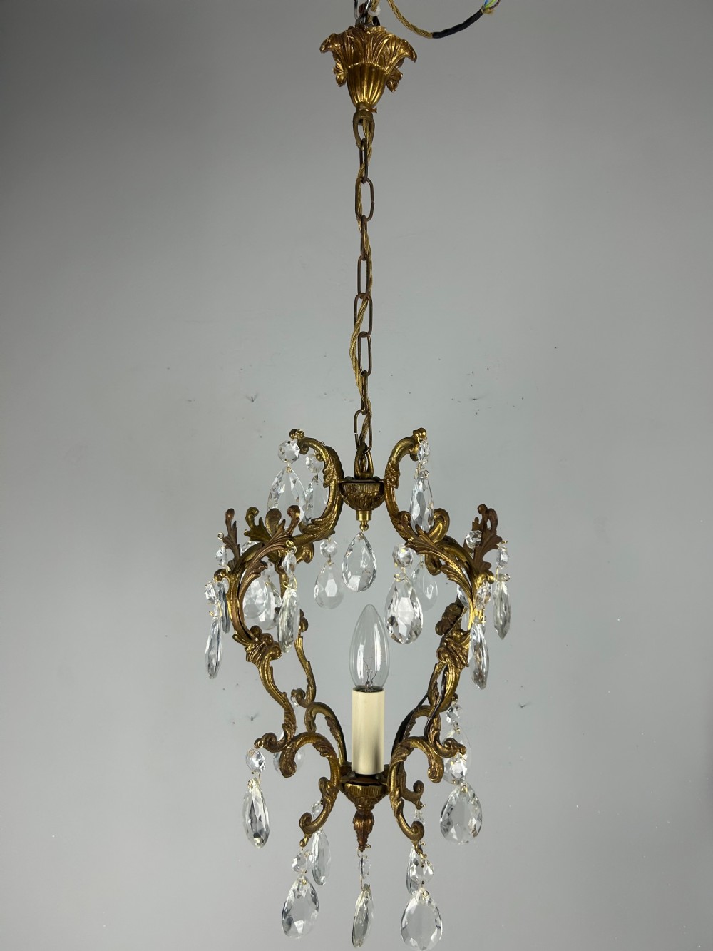 French Single Light Gilt Brass Crystal Antique Chandelier, Ceiling Light View III