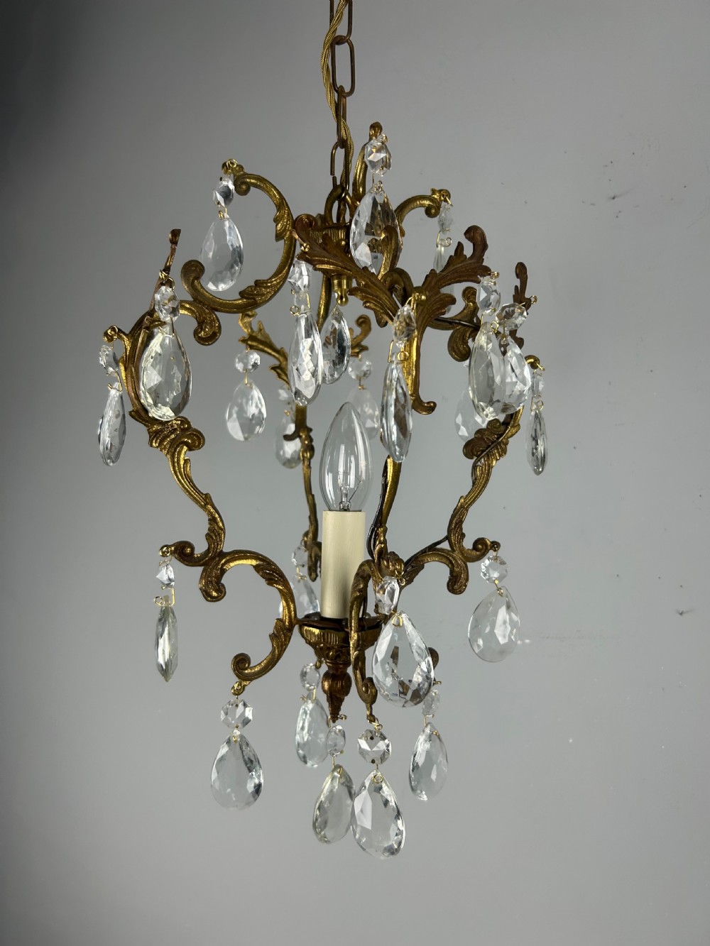 French Single Light Gilt Brass Crystal Antique Chandelier, Ceiling Light View V