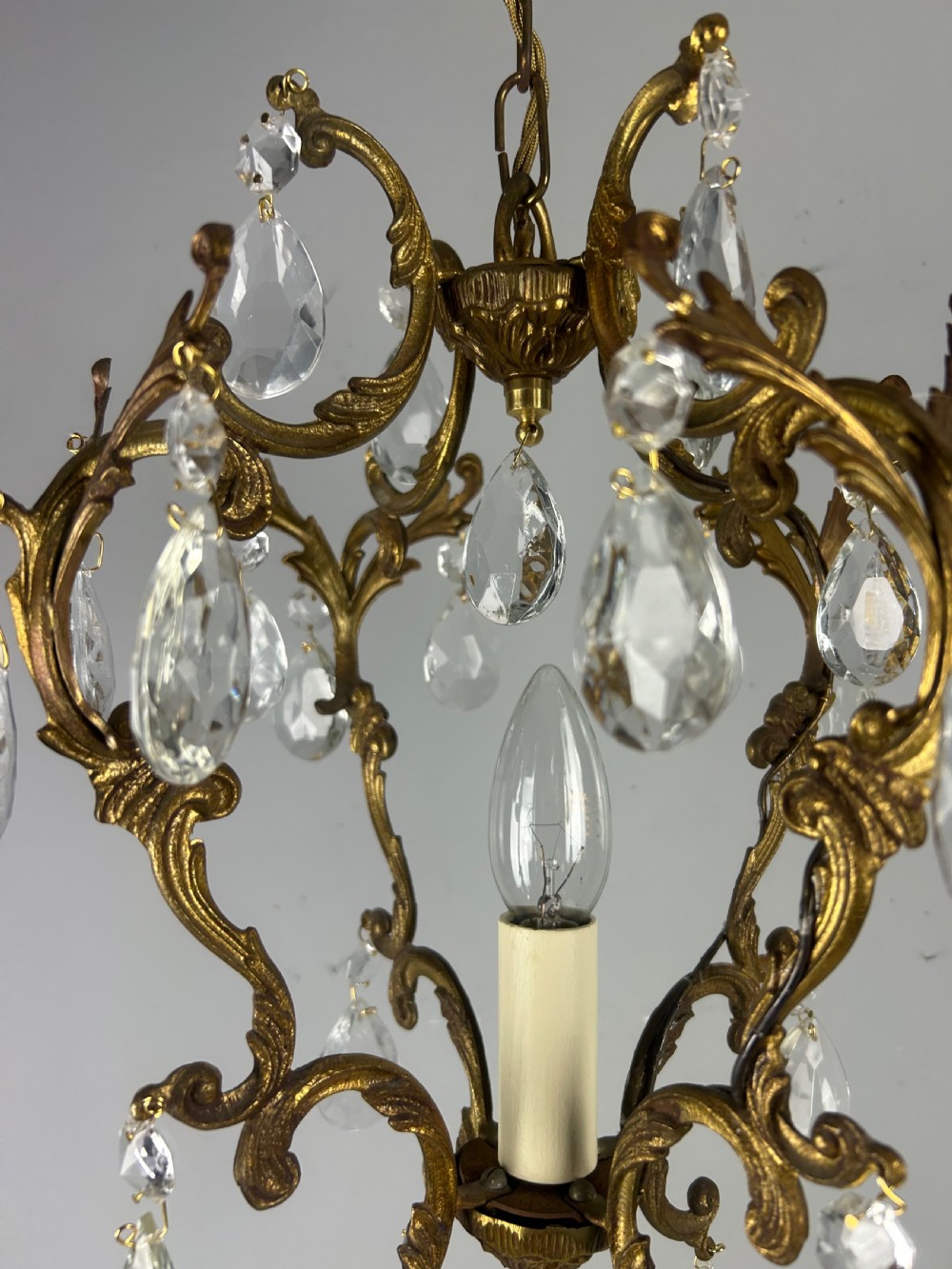 French Single Light Gilt Brass Crystal Antique Chandelier, Ceiling Light View VI