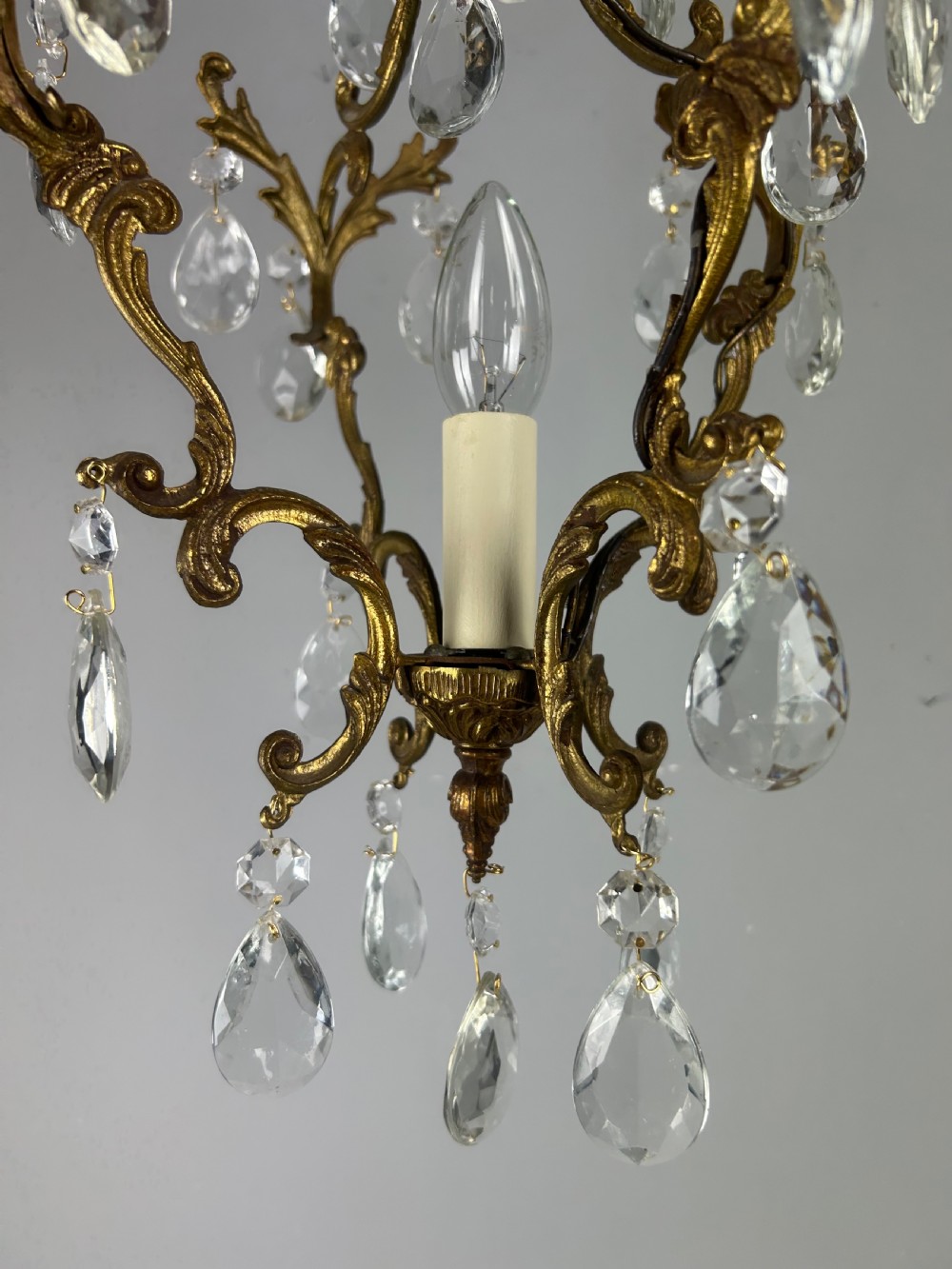 French Single Light Gilt Brass Crystal Antique Chandelier, Ceiling Light View VII