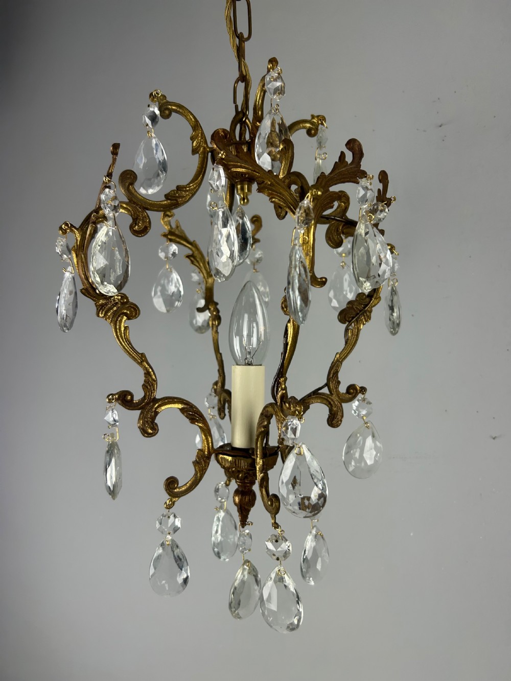 French Single Light Gilt Brass Crystal Antique Chandelier, Ceiling Light View VIII