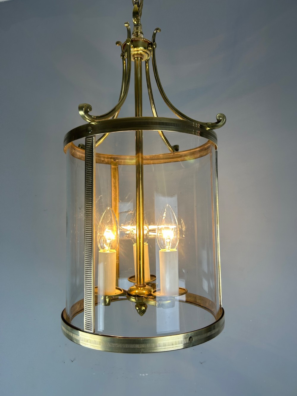 Large French Polished Brass Triple Light Lantern View VI