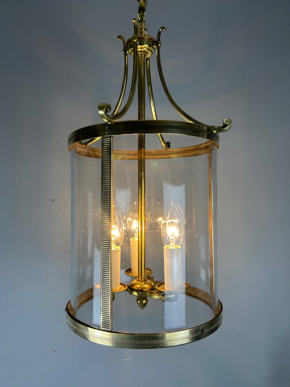 Large French Polished Brass Triple Light Lantern View VIII