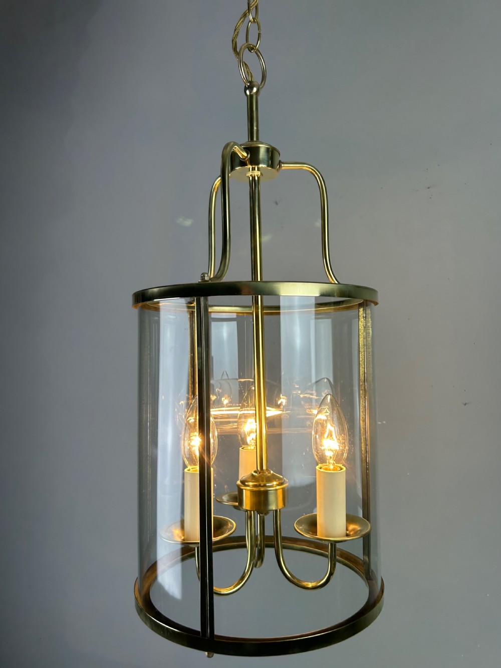 Large French Polished Brass Triple Light Lantern View V