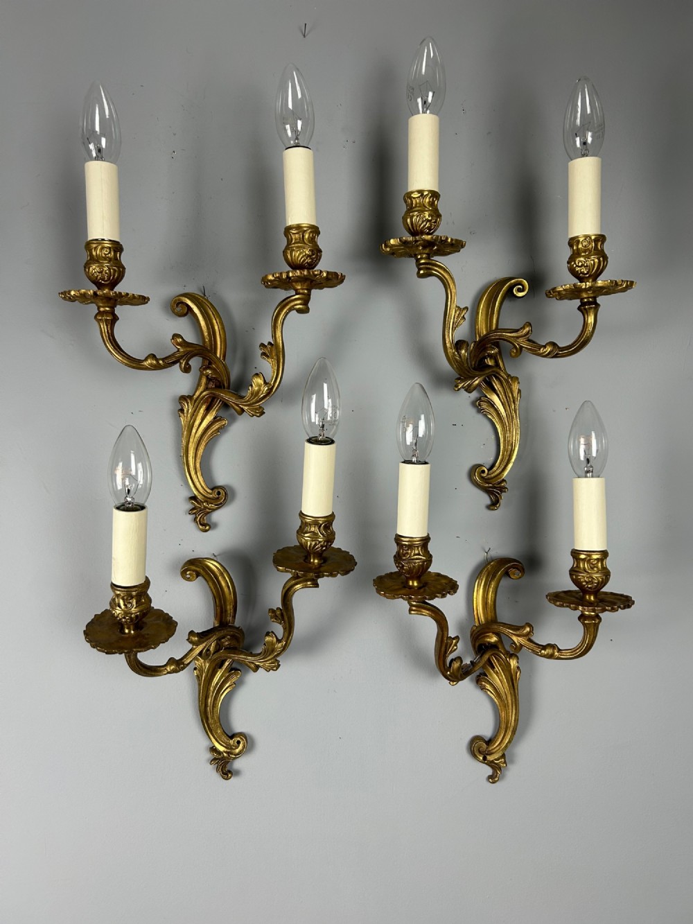 Set Of 4 French Gilded Twin Arm Antique Wall Lights, Rewired & Pat Tested