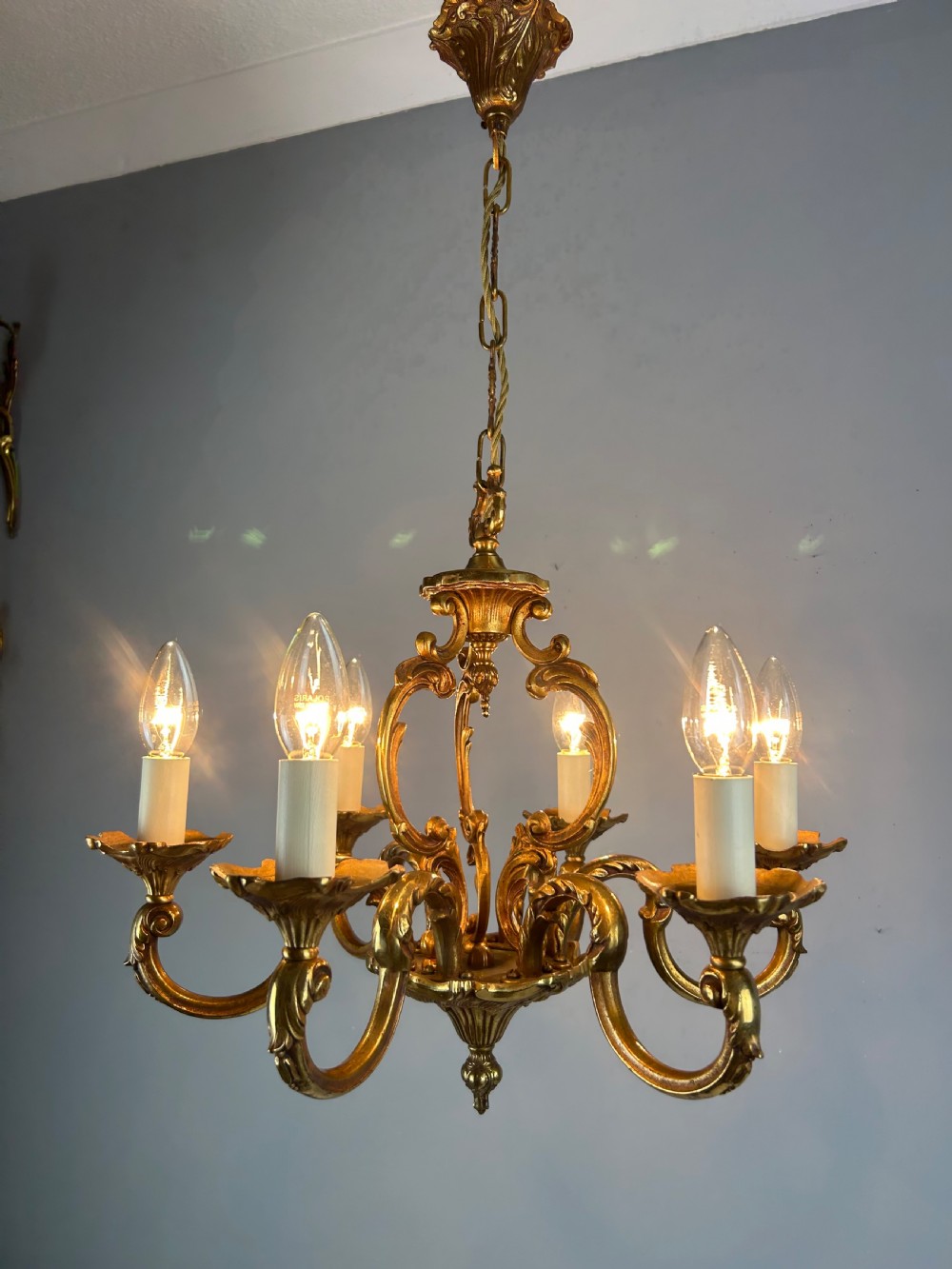 French Gilded Bronze 6 Light Antique Chandelier View II