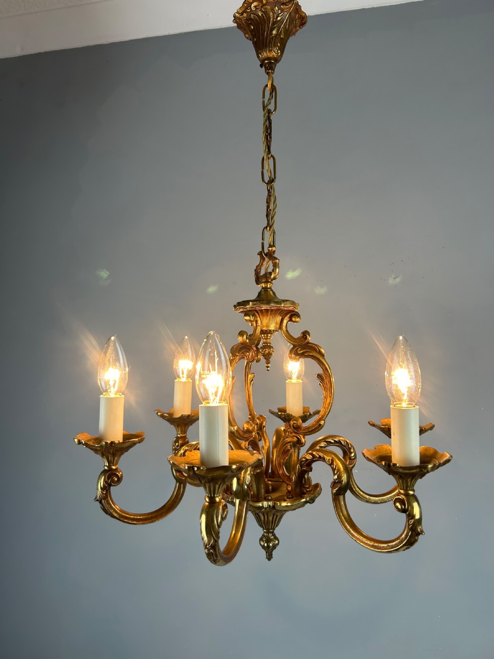 French Gilded Bronze 6 Light Antique Chandelier View III