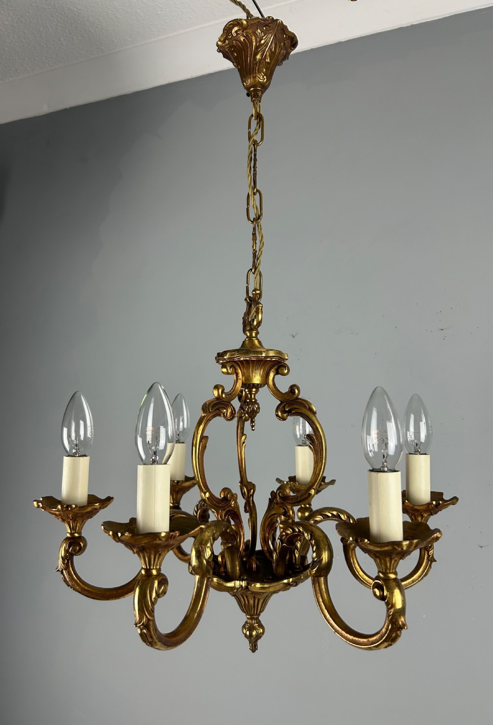 French Gilded Bronze 6 Light Antique Chandelier View VI