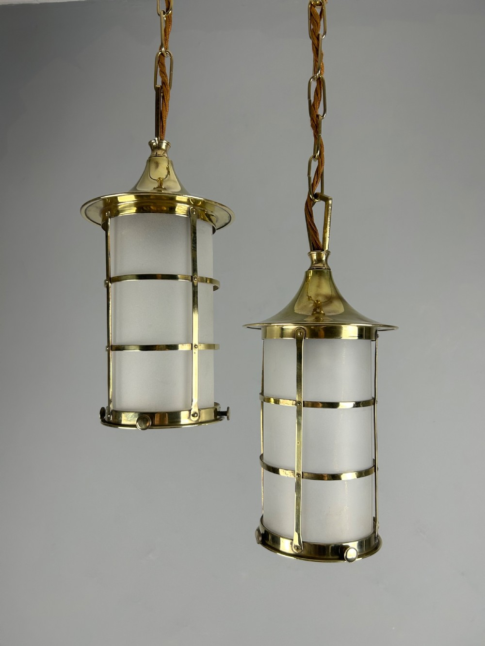 Small Pair of English Polished Brass Lanterns, Rewired 