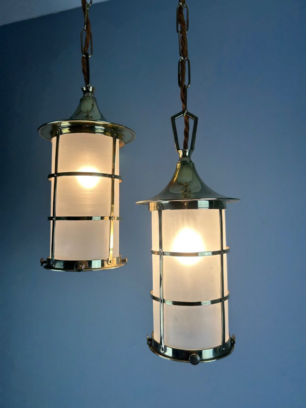 Small Pair of English Polished Brass Lanterns, Rewired  View II