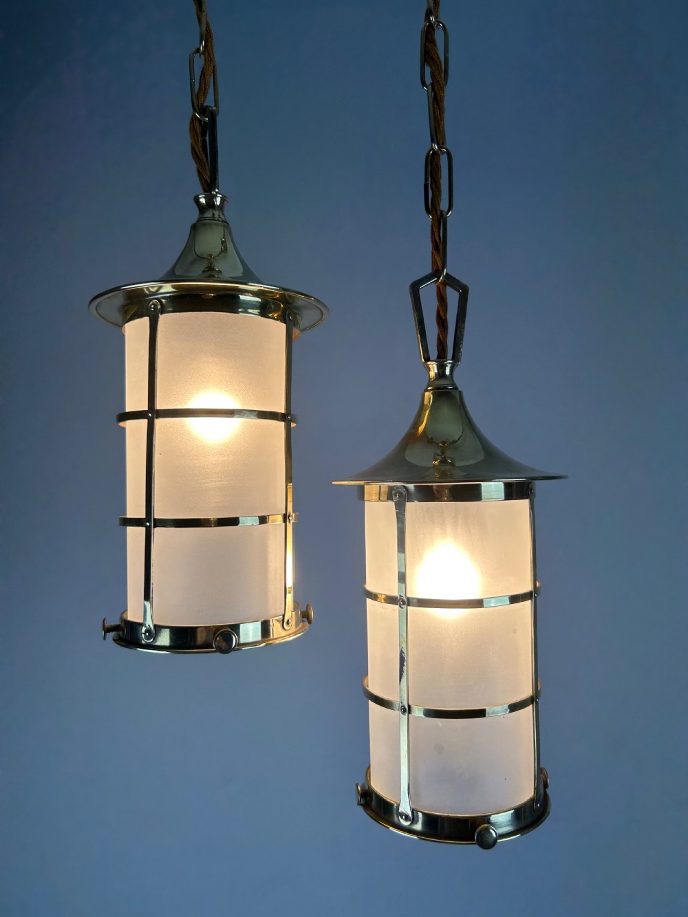 Small Pair of English Polished Brass Lanterns, Rewired  View III