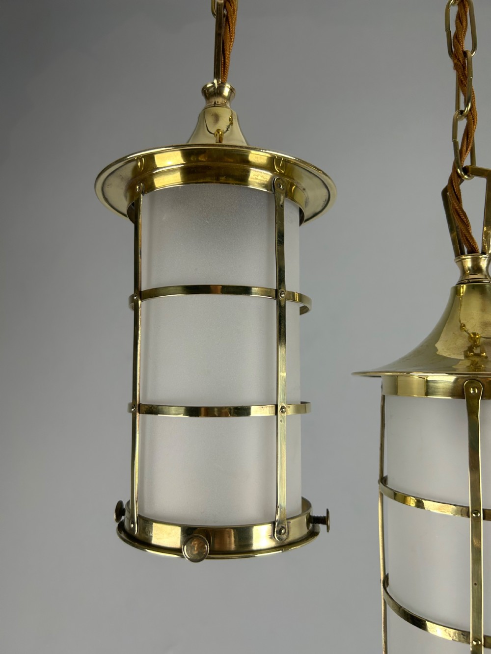 Small Pair of English Polished Brass Lanterns, Rewired  View V