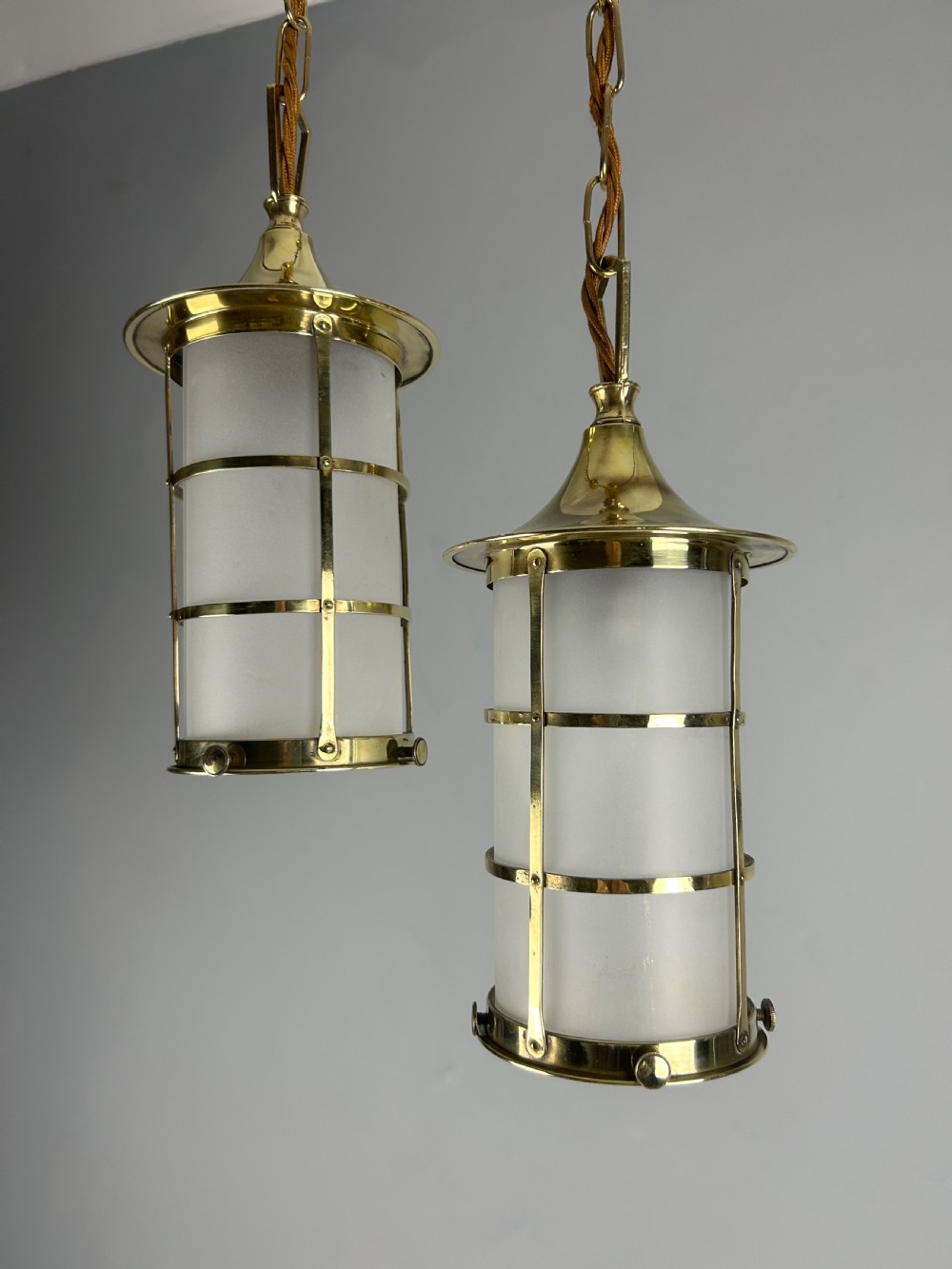 Small Pair of English Polished Brass Lanterns, Rewired  View VIII