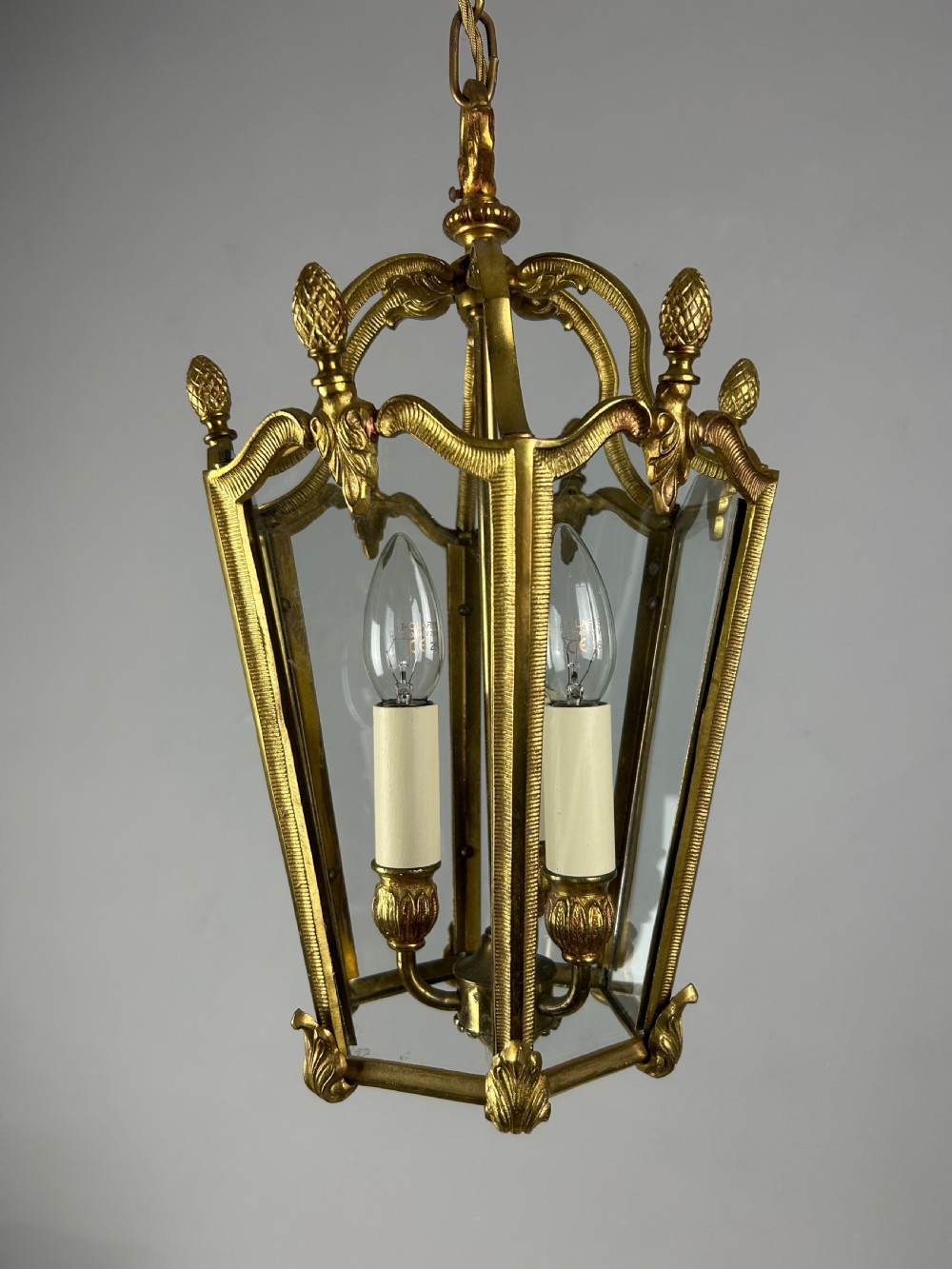 French Hexagonal Gilt Brass Antique Lantern